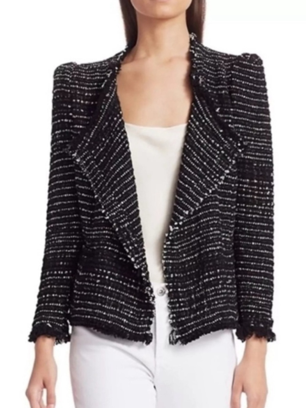 IRO Diana Tweed Open Waterfall Front Fringe Jacket Black White Size 36 Small